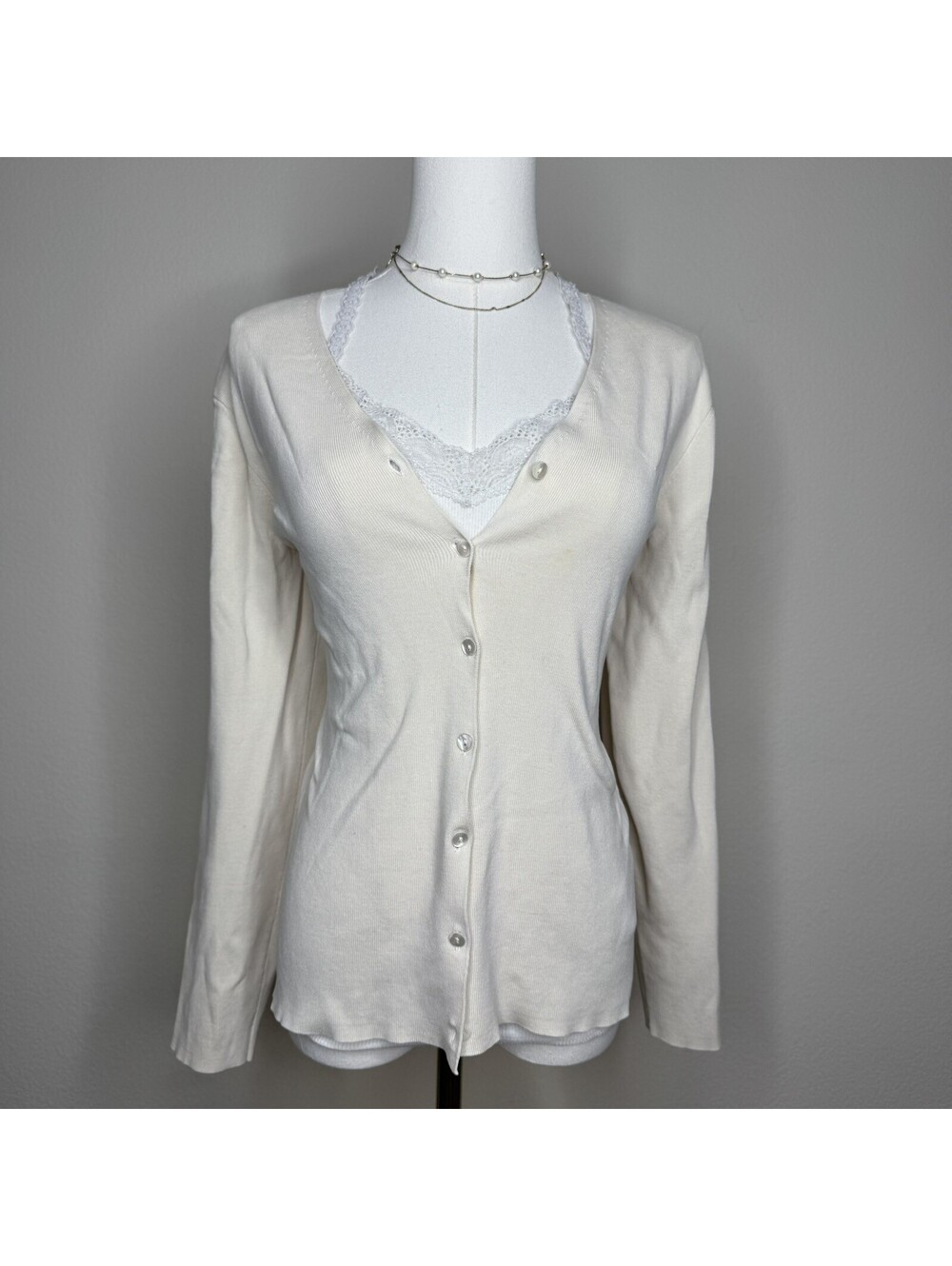 Charter Club Medium Silk Blend Cardigan Ivory Cream Button Front Preppy Sweater